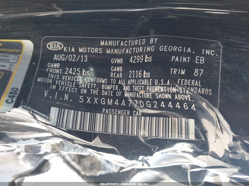 2013 Kia Optima Lx VIN: 5XXGM4A77DG244464 Lot: 45285873