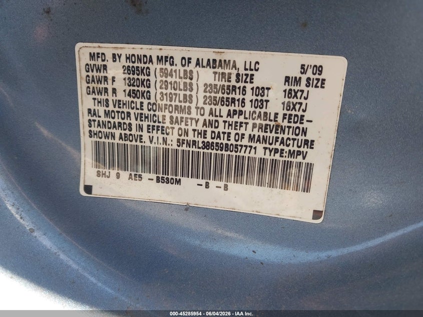 2009 Honda Odyssey Ex-L VIN: 5FNRL38659B057771 Lot: 45285954