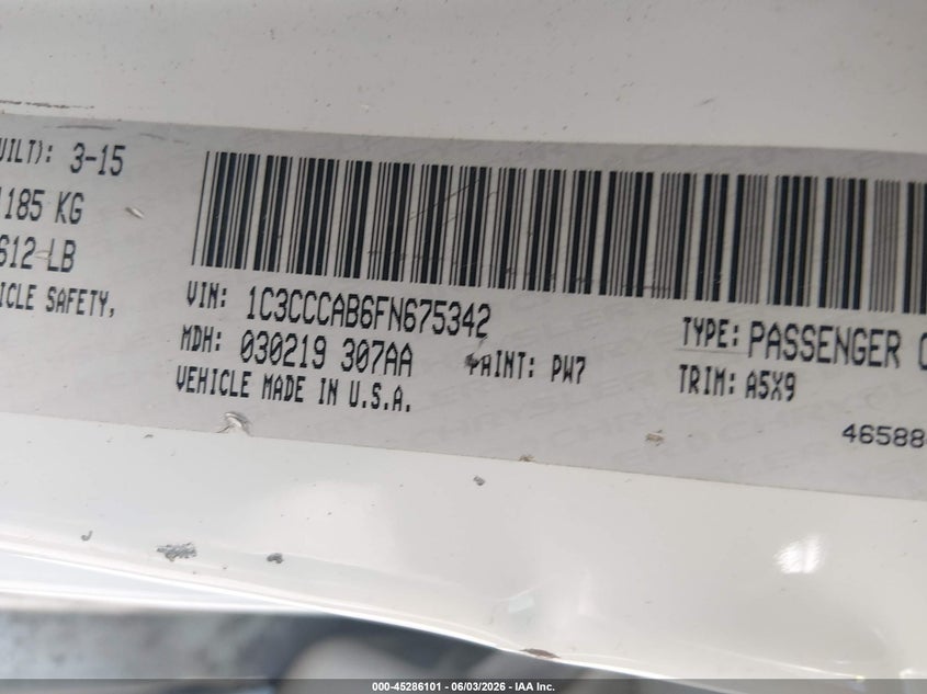 2015 Chrysler 200 Limited VIN: 1C3CCCAB6FN675342 Lot: 45286101
