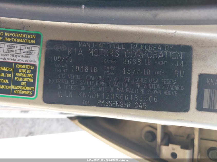 2006 Kia Rio Lx VIN: KNADE123866183506 Lot: 45286132