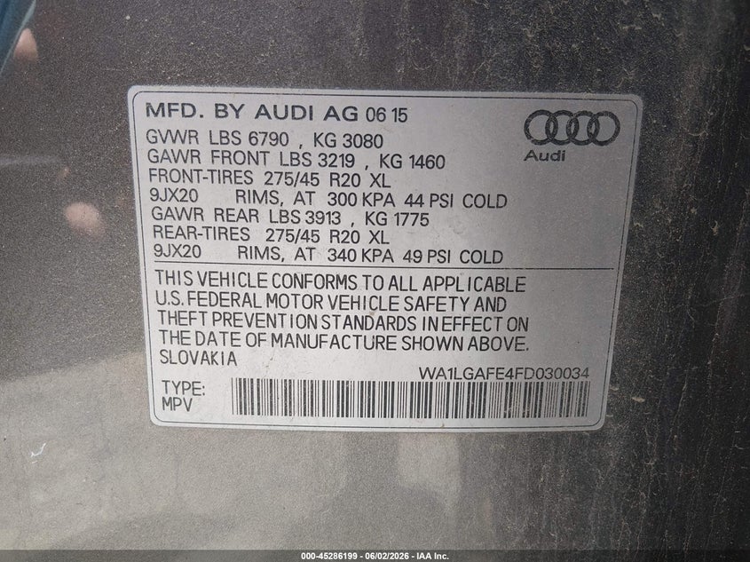 2015 Audi Q7 3.0T Premium VIN: WA1LGAFE4FD030034 Lot: 45286199