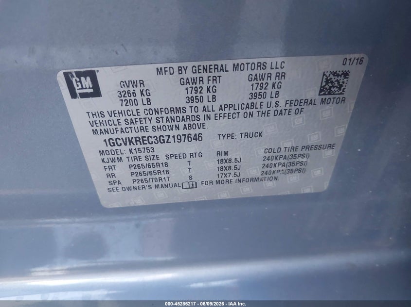CHEVROLET SILVERADO 1500 2016 VIN 1GCVKREC3GZ197646
