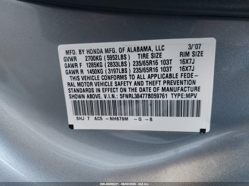2007 Honda Odyssey Ex VIN: 5FNRL38477B059761 Lot: 45286221