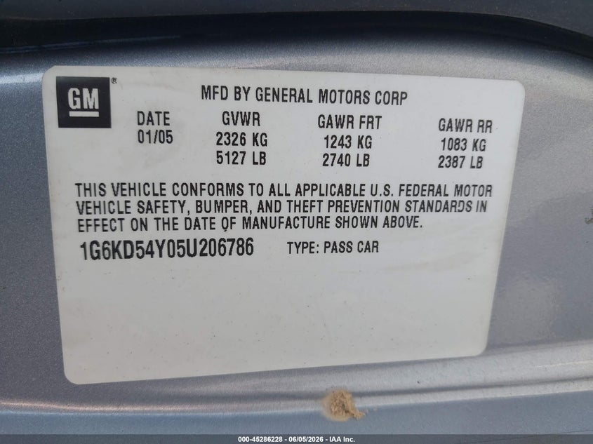 2005 Cadillac Deville Livery VIN: 1G6KD54Y05U206786 Lot: 45286228