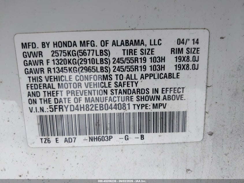 2014 Acura Mdx Advance Pkg W/Entertainment Pkg VIN: 5FRYD4H82EB044081 Lot: 45286236
