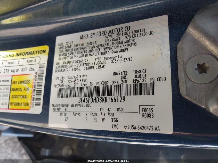 VIN 3FA6P0HD3KR166129 2019 FORD FUSION SE