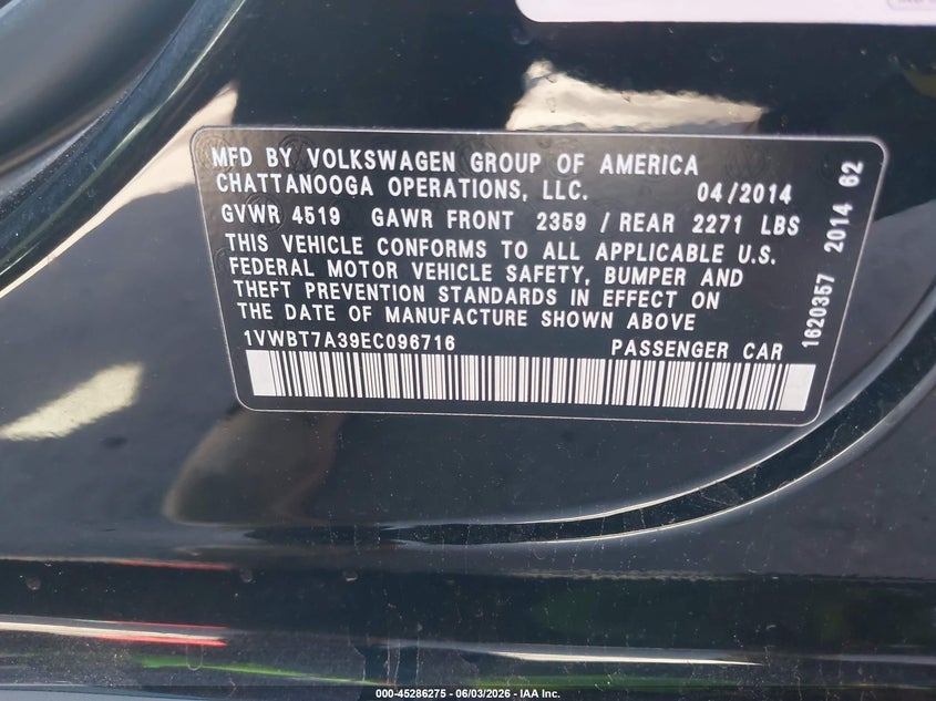 2014 Volkswagen Passat 1.8T Se VIN: 1VWBT7A39EC096716 Lot: 45286275