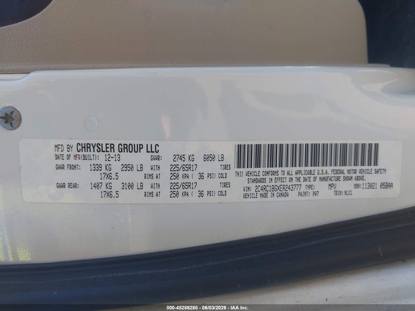 2014 Chrysler Town & Country Touring VIN: 2C4RC1BGXER243777 Lot: 45286280