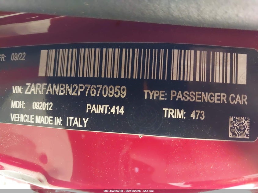 2023 Alfa Romeo Giulia Veloce Awd VIN: ZARFANBN2P7670959 Lot: 45286288