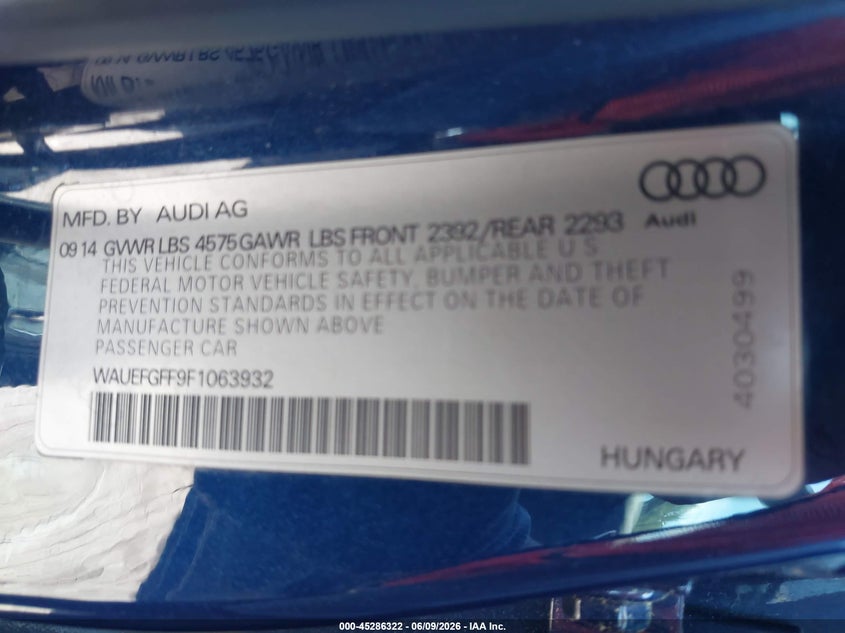 2015 Audi A3 2.0T Premium VIN: WAUEFGFF9F1063932 Lot: 45286322
