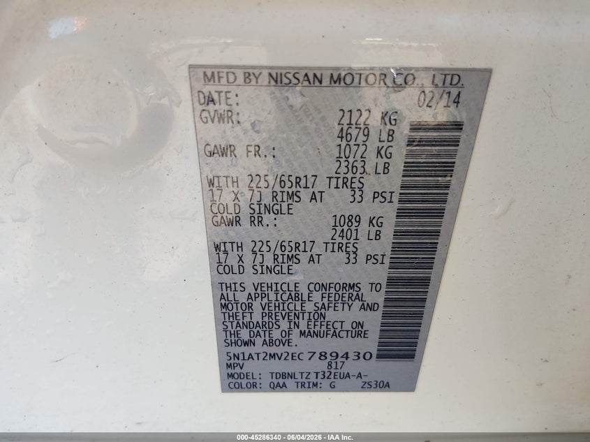 2014 NISSAN ROGUE SPORT UTILITY VEHICLE 2.5L I-4 DOHC, VVT, 170HP