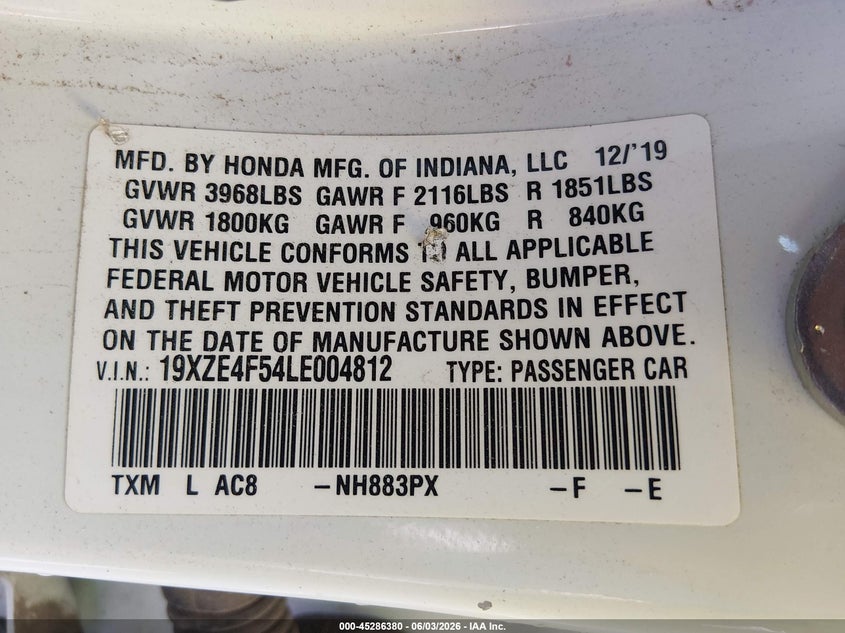2020 Honda Insight Ex VIN: 19XZE4F54LE004812 Lot: 45286380