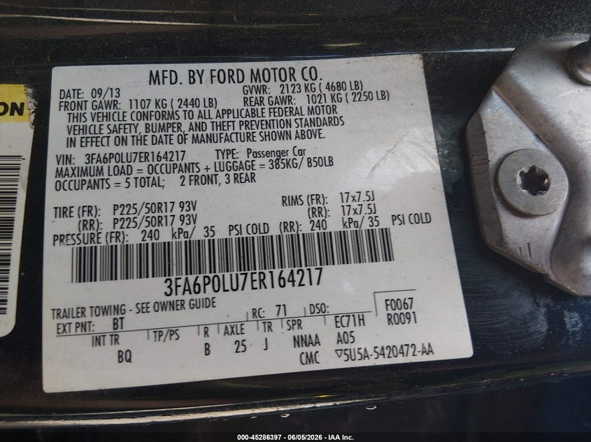 2014 Ford Fusion 2.0 Hybrid Se black Lot 111045286397 Vin 3FA6P0LU7ER164217