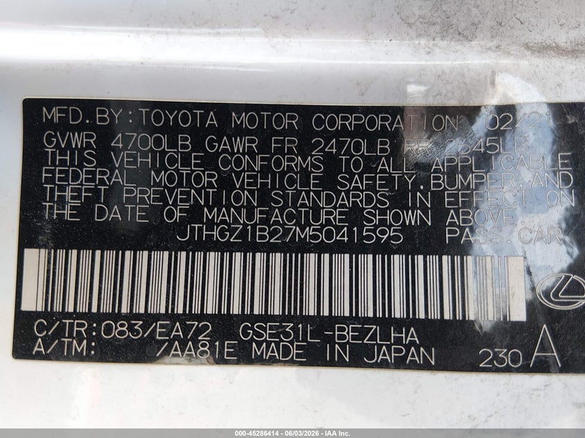 2021 Lexus Is 350 F Sport VIN: JTHGZ1B27M5041595 Lot: 45286414
