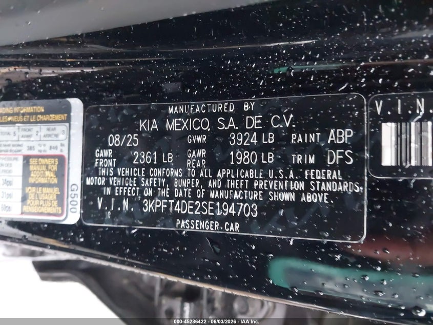 2025 Kia K4 Lxs VIN: 3KPFT4DE2SE194703 Lot: 45286422