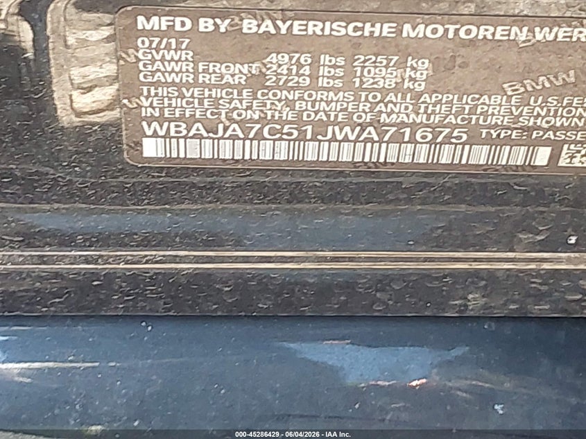 2018 BMW 530I xDrive VIN: WBAJA7C51JWA71675 Lot: 45286429
