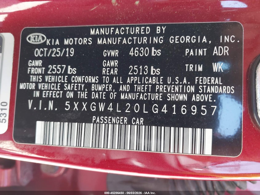 2020 Kia Optima Sx Turbo VIN: 5XXGW4L20LG416957 Lot: 45286450