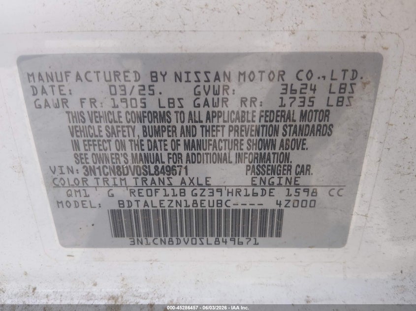 2025 Nissan Versa 1.6 S VIN: 3N1CN8DV0SL849671 Lot: 45286457