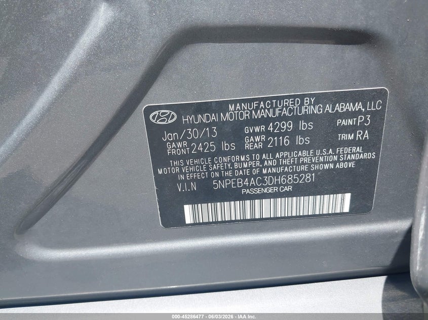 2013 Hyundai Sonata Gls VIN: 5NPEB4AC3DH685281 Lot: 45286477