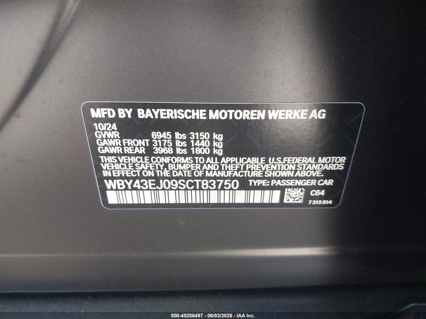 2025 BMW I7 Edrive50 VIN: WBY43EJ09SCT83750 Lot: 45286497