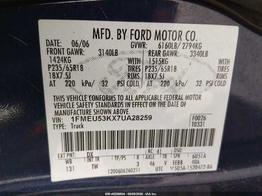 2007 Ford Explorer Sport Trac Limited VIN: 1FMEU53KX7UA28259 Lot: 45286504