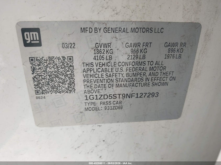 2022 Chevrolet Malibu Fwd Lt VIN: 1G1ZD5ST9NF127293 Lot: 45286511