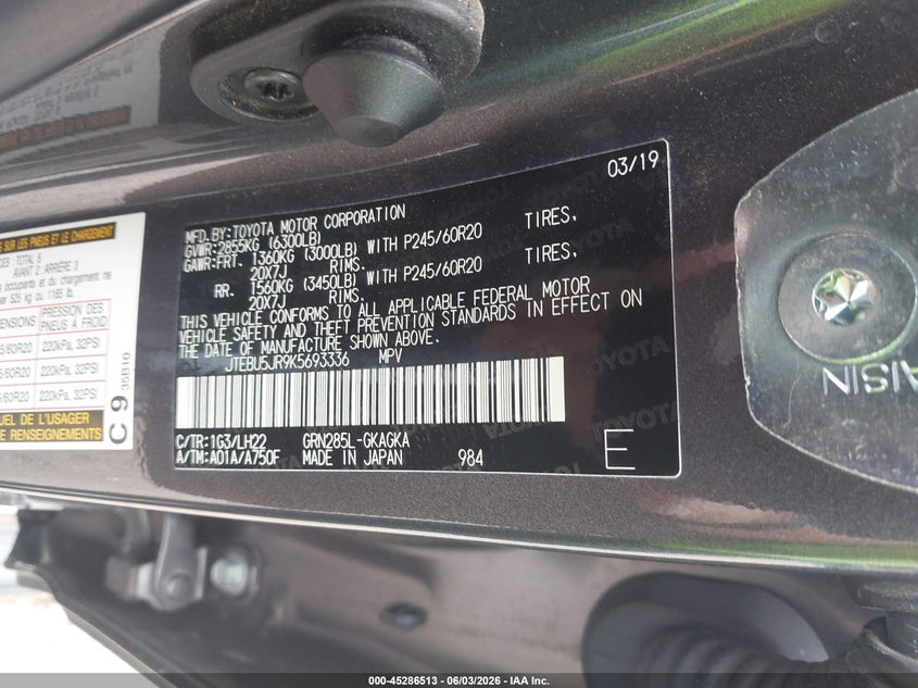 2019 Toyota 4Runner Limited Nightshade VIN: JTEBU5JR9K5693336 Lot: 45286513