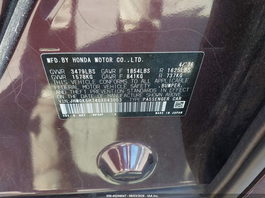 2016 Honda Fit Ex VIN: JHMGK5H74GX043053 Lot: 45286547
