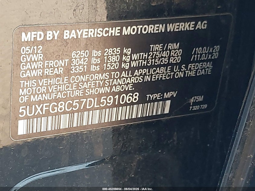 2013 BMW X6 xDrive50I VIN: 5UXFG8C57DL591068 Lot: 45286654