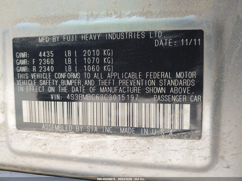 2012 Subaru LEGACY 2.5 2.5I Premium silver Lot 111045286676 Vin 4S3BMBC63C3015197