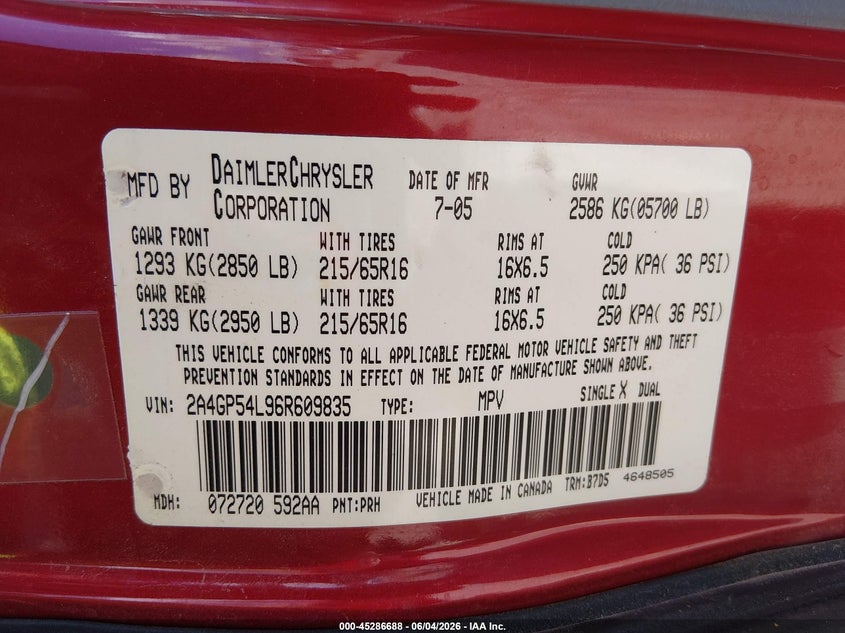 2006 Chrysler Town & Country Touring VIN: 2A4GP54L96R609835 Lot: 45286688