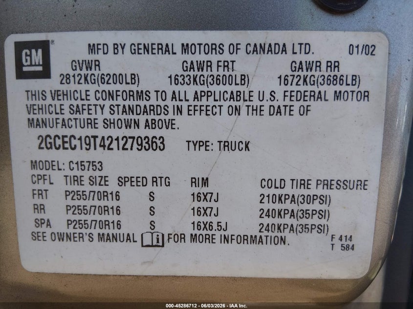 2002 Chevrolet Silverado 1500 Ls VIN: 2GCEC19T421279363 Lot: 45286712