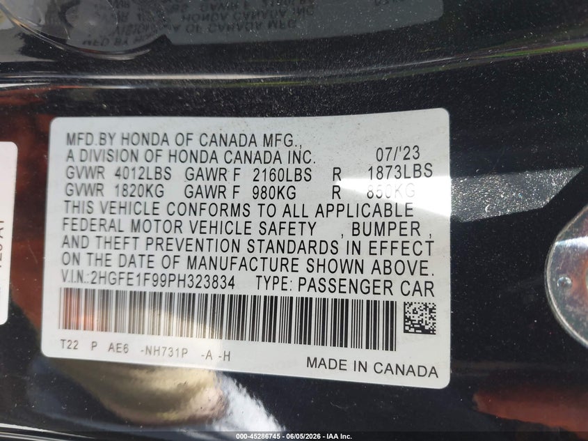 2023 Honda Civic Touring VIN: 2HGFE1F99PH323834 Lot: 45286745
