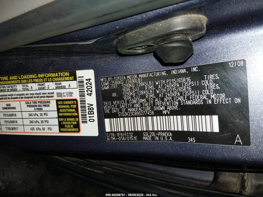 2009 Toyota Sienna Le VIN: 5TDZK23C89S277458 Lot: 45286761