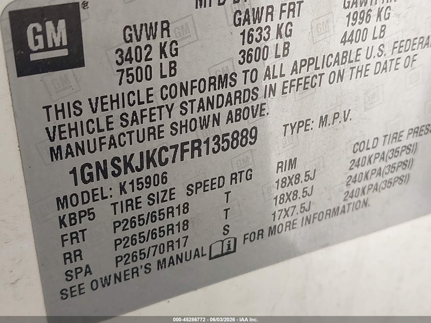 2015 Chevrolet Suburban 1500 Lt VIN: 1GNSKJKC7FR135889 Lot: 45286772