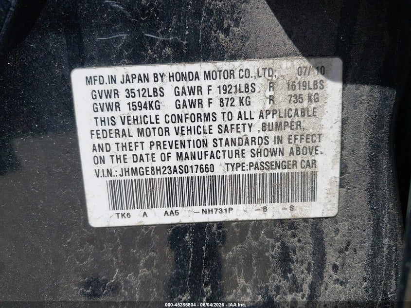 2010 Honda Fit VIN: JHMGE8H23AS017660 Lot: 45286804