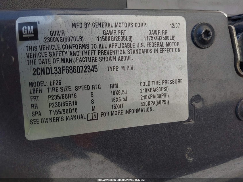 2008 Chevrolet Equinox Lt VIN: 2CNDL33F686072345 Lot: 45286836
