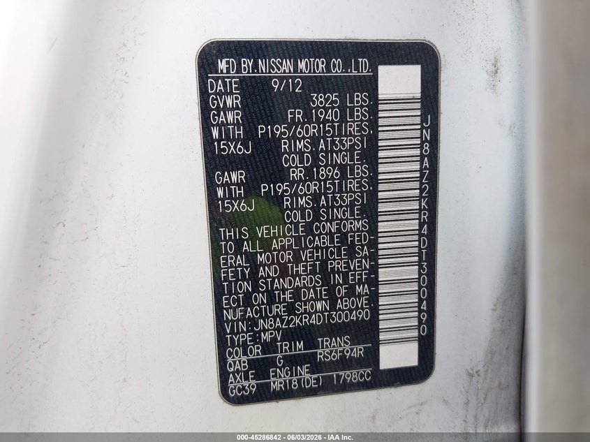 2013 Nissan Cube 1.8 S VIN: JN8AZ2KR4DT300490 Lot: 45286842