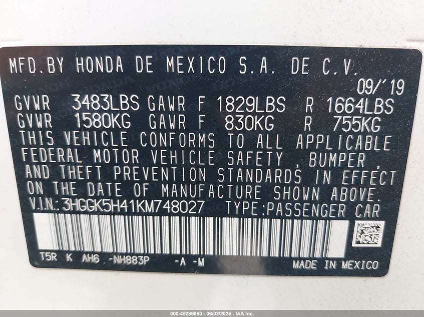 2019 Honda Fit Lx VIN: 3HGGK5H41KM748027 Lot: 45286850