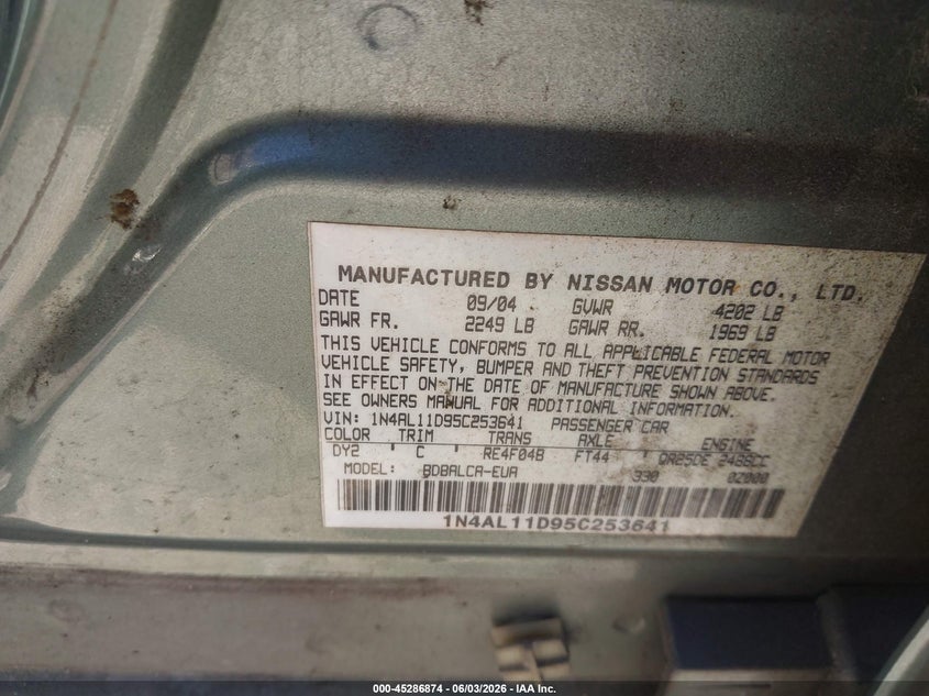 2005 Nissan Altima 2.5 S VIN: 1N4AL11D95C253641 Lot: 45286874