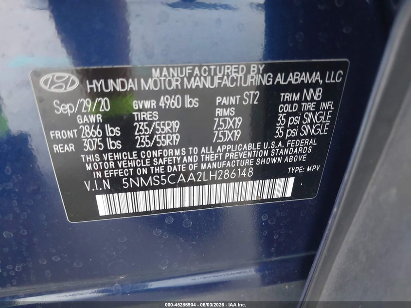 2020 Hyundai Santa Fe Limited 2.0T VIN: 5NMS5CAA2LH286148 Lot: 45286904