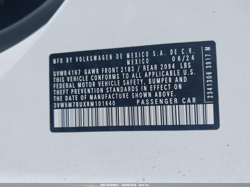2024 VOLKSWAGEN JETTA 1.5L I-4 DI, DOHC, V(VIN: 3VW5M7BUXRM101640