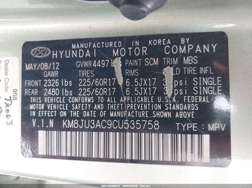 2012 Hyundai Tucson Gls VIN: KM8JU3AC9CU535758 Lot: 45286920