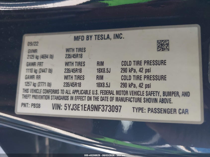 2022 Tesla Model 3 Rear-Wheel Drive VIN: 5YJ3E1EA9NF373097 Lot: 45286929