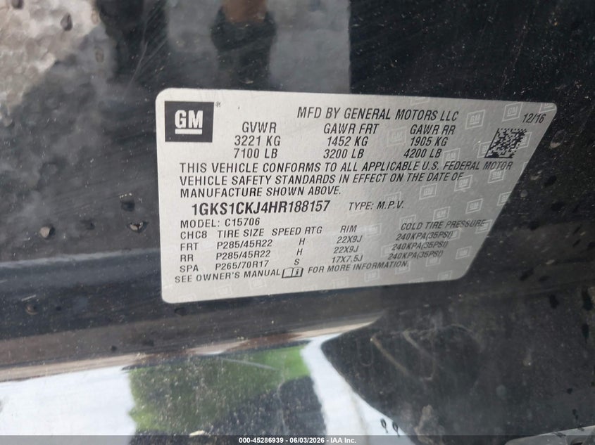 2017 GMC Yukon Denali VIN: 1GKS1CKJ4HR188157 Lot: 45286939