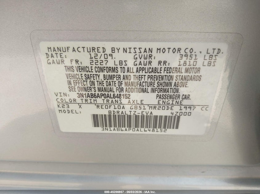 2010 Nissan Sentra 2.0S VIN: 3N1AB6AP0AL648152 Lot: 45286957