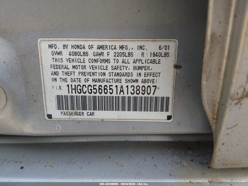 2001 Honda Accord 2.3 Ex VIN: 1HGCG56651A138907 Lot: 45286995