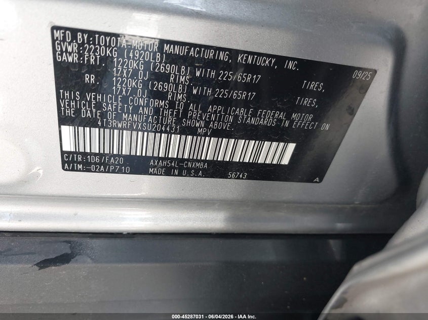 2025 Toyota Rav4 Hybrid Xle VIN: 4T3RWRFVXSU204431 Lot: 45287031