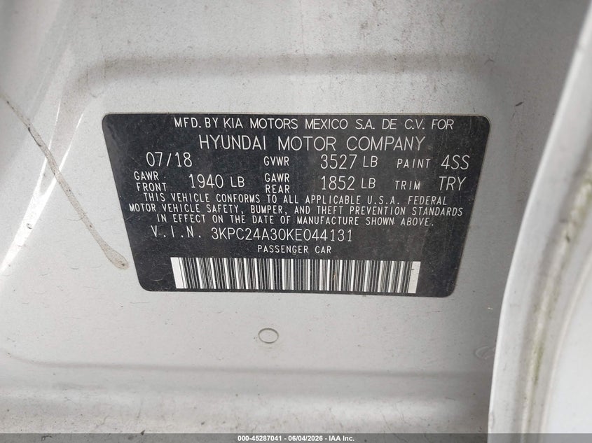 2019 Hyundai Accent Se VIN: 3KPC24A30KE044131 Lot: 45287041
