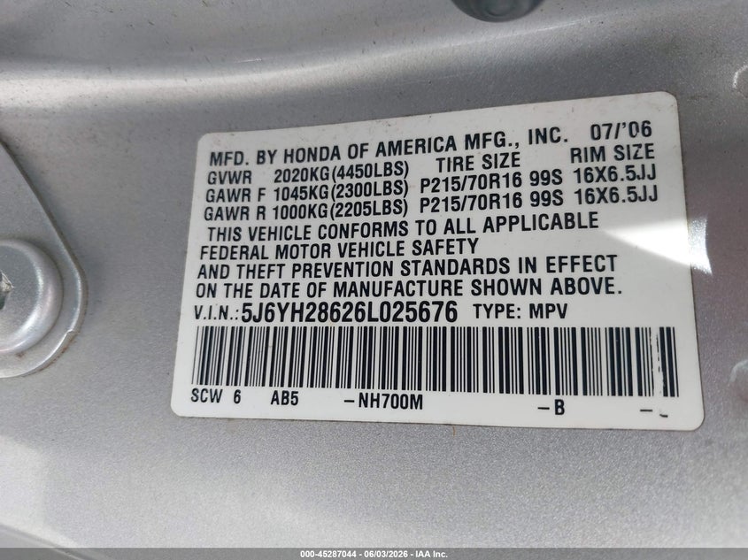2006 Honda Element Ex VIN: 5J6YH28626L025676 Lot: 45287044